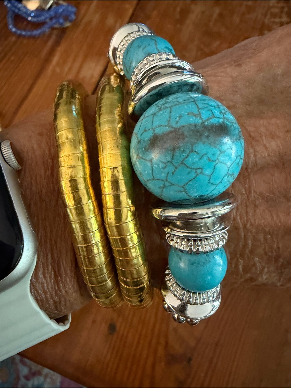 Turquoise Bead and Silver Accent Stretch Bracelet - Women Jewelry